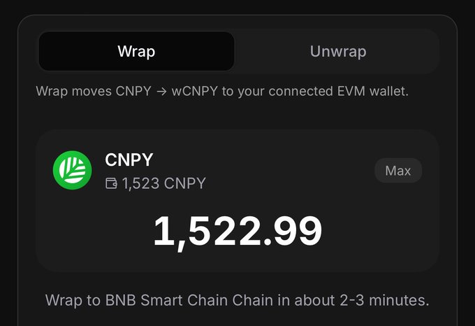 A dark-themed interface for wrapping CNPY to wCNPY, showing a balance of 1,522.99 CNPY to be wrapped to BNB Smart Chain in about 2-3 minutes.
