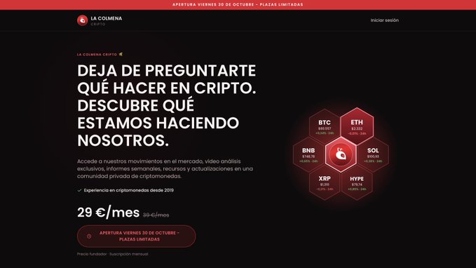 A Spanish-language cryptocurrency website for “LA COLMENA,” with a red banner reading “Apertura viernes 30 de octubre – plazas limitadas” and the headline “Deja de preguntarte qué hacer en cripto. Descubre qué estamos haciendo nosotros.” It displays a “29 €/mes” price, a button for “Apertura viernes 30 de octubre – plazas limitadas,” and a crypto cluster labeled BTC, ETH, BNB, SOL, XRP, and HYP.