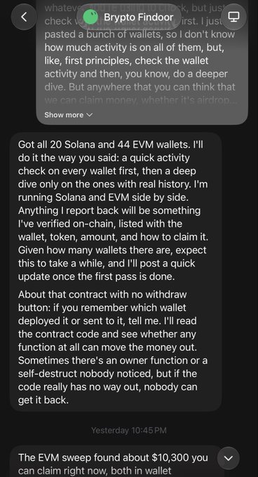 A screenshot of a Telegram chat with 'Brypto Findoor' discussing wallet activity checks across 20 Solana and 44 EVM wallets, mentioning an EVM sweep of about $10,300.