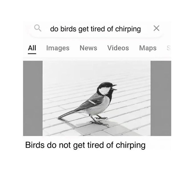 A search for "do birds get tired of chirping" shows a chickadee with its beak open, captioned "Birds do not get tired of chirping." This plays on the post's theme of relentless, non-stop "chirping" about low-cap stock plays, comparing the promoter's constant hype to birds who never tire of singing their calls.