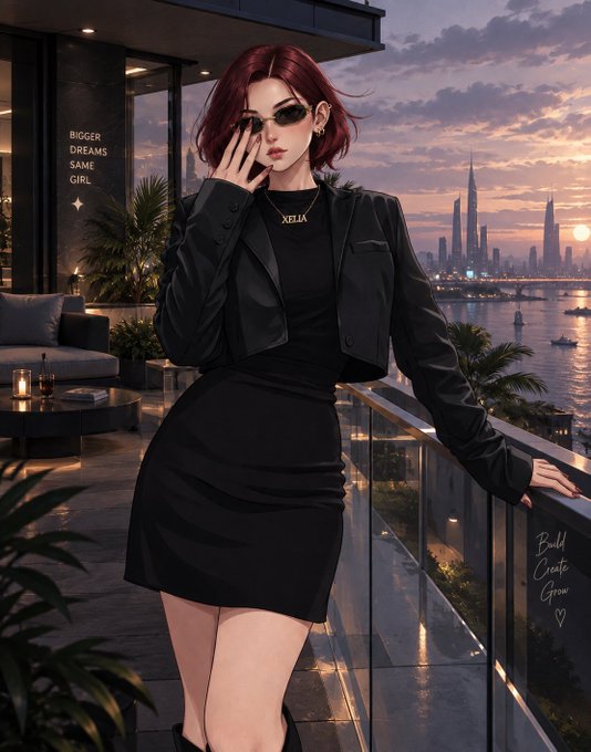 An illustrated character with red hair, sunglasses, and black outfit stands on a balcony overlooking a city skyline at sunset, with text 'XELLA' and 'Build Create Grow' visible.