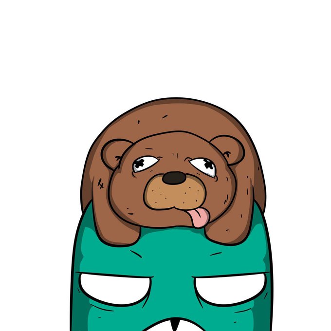 A cartoon illustration of a brown bear wearing a green hooded outfit with a tired, cross-eyed expression and its tongue sticking out.