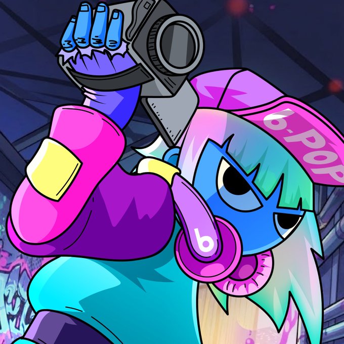 A blue-skinned character with rainbow hair and a pink cap labeled "6-POP" holds a mechanical fist raised triumphantly, visually branding the "B-POP" mint announcement for Ethereum.