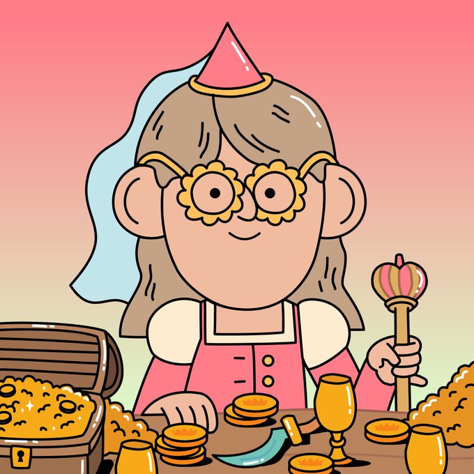 A cartoon illustration of a girl with flower-shaped glasses, a pink party hat, and a pink dress, surrounded by gold coins and a treasure chest, holding a golden scepter.