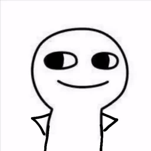 A simple black-and-white line drawing of a smiling stick figure with oval eyes looking sideways, raising its arms in a shrugging gesture.
