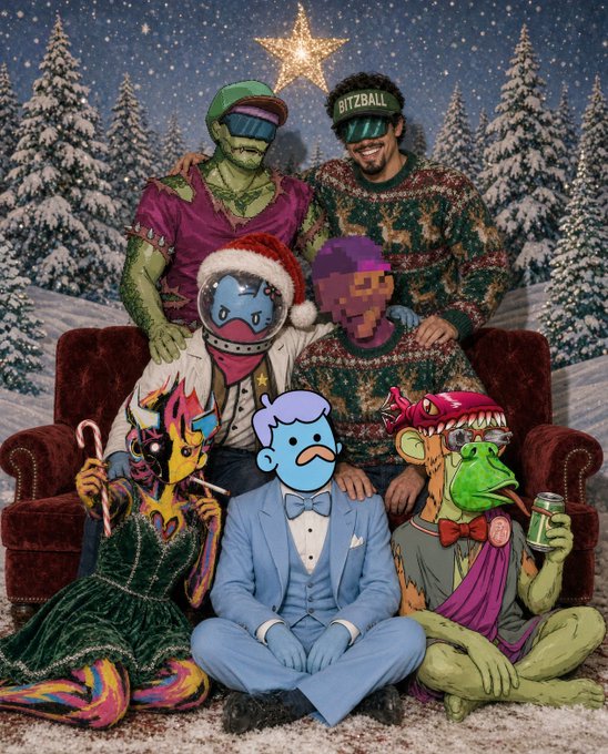 A holiday-themed digital illustration showing a group of characters in ugly Christmas sweaters and NFT-style avatars posing in front of a snowy background with a star, with one sweater reading 'BITZBALL'.
