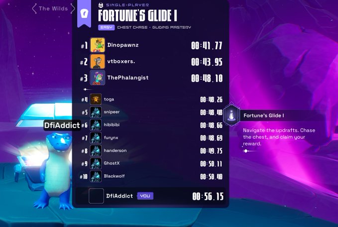 A video game leaderboard for 'Fortune's Glide I' shows race times, with 'DfiAddict YOU' at position 11 with a time of 00:56.15, against a backdrop of a cartoonish animal character.