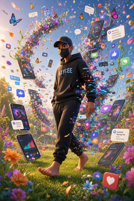 A digital illustration shows a person in a black hoodie and face mask walking through a surreal landscape filled with floating smartphones, social media icons, butterflies, and colorful flowers.