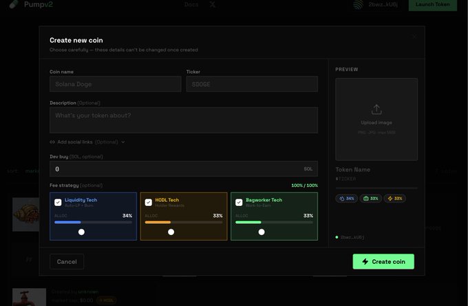 Screenshot of the Pump.fun interface showing a 'Create new coin' modal for a token named 'Solana Doge' with ticker '$DOGE', displaying fee strategy options including Liquidity Tech (34%), MDDL Tech (33%), and Rugworker Tech (33%).