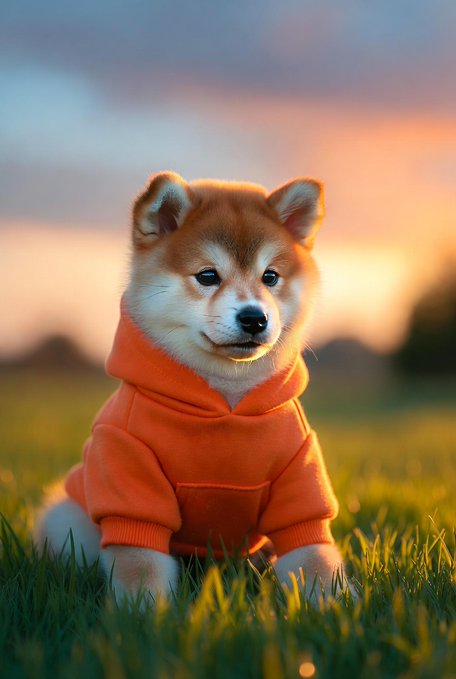 An adorable Shiba Inu puppy wearing an orange hoodie sits in green grass at sunset, with a warm orange sky in the background.