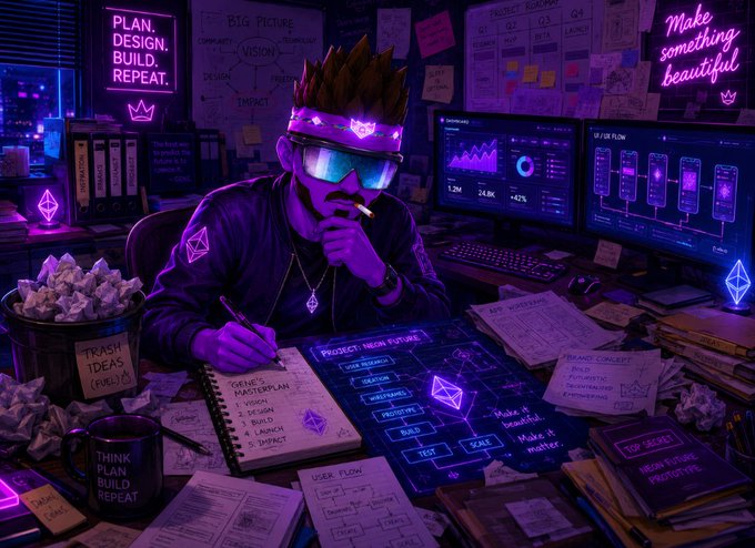 An illustration of a person with spiked hair and VR goggles working at a desk with monitors, neon signs reading 'PLAN. DESIGN. BUILD. REPEAT.' and 'Make something beautiful,' and a flowchart titled 'PROJECT: NEON FUTURE.'