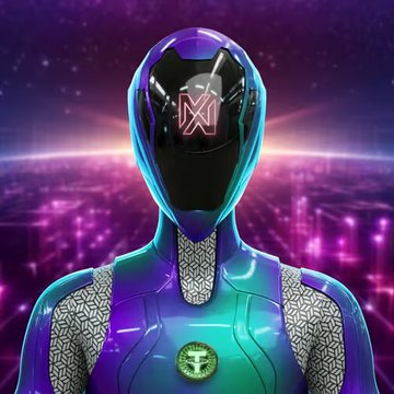 Futuristic purple and teal armored figure with a black helmet displaying an 'N' logo and a glowing chest emblem, set against a purple cosmic background.