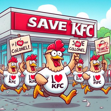 Chickens wearing 'I ❤️ KFC' shirts protest outside a KFC restaurant with 'SAVE KFC' signage and signs reading 'I ❤️ THE COLONEL' and 'SAVE COLONEL'.