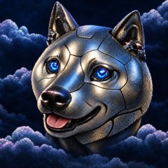 An AI-generated image of a metallic, robotic husky dog head with glowing blue eyes set against a night sky with clouds.