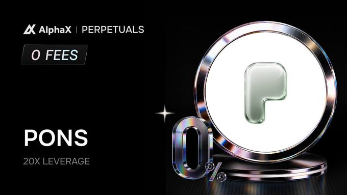 A promotional banner for 'AlphaX PERPETUALS' advertising '0 FEES' and '20X LEVERAGE' for the PONS token, featuring a shiny 3D coin graphic.
