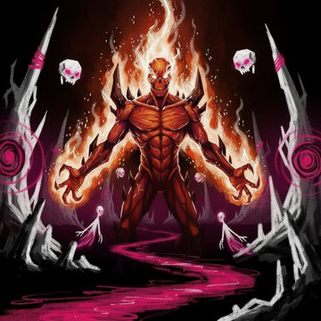 A dark fantasy illustration depicts a flaming, demonic figure with glowing eyes and clawed hands standing in a hellish landscape with floating skulls, sharp spires, and a river of blood.