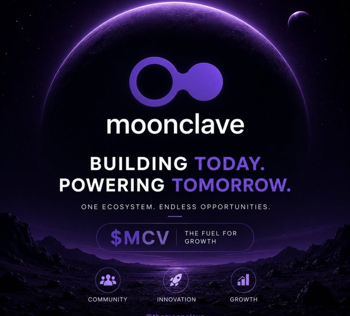A promotional graphic for 'moonclave' with the tagline 'BUILDING TODAY. POWERING TOMORROW.' and '$MCV THE FUEL FOR GROWTH' against a space background.