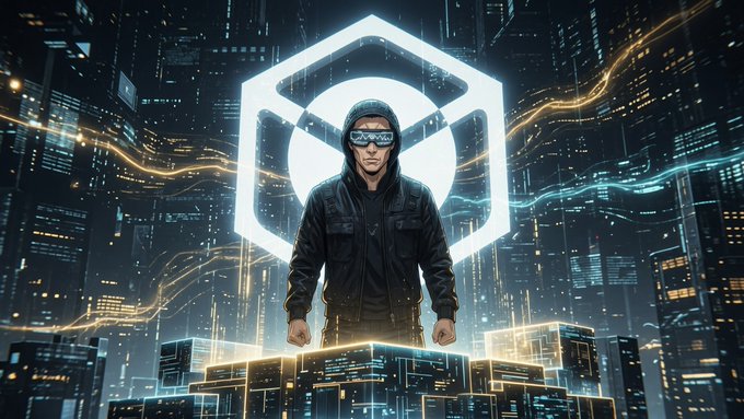 A futuristic, AI-generated image of a person in a hooded jacket and reflective goggles standing before a glowing hexagonal symbol in a high-tech cityscape.