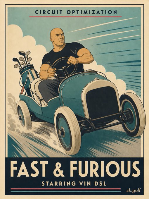This "Fast & Furious" parody poster features Vin DSL driving a golf cart with a golf bag, reflecting the post's mention of "BLAKE3 live on zkGolf." The "Circuit Optimization" text and the dynamic imagery of the car suggest speed and performance, aligning with the "Ready to drift" prompt.