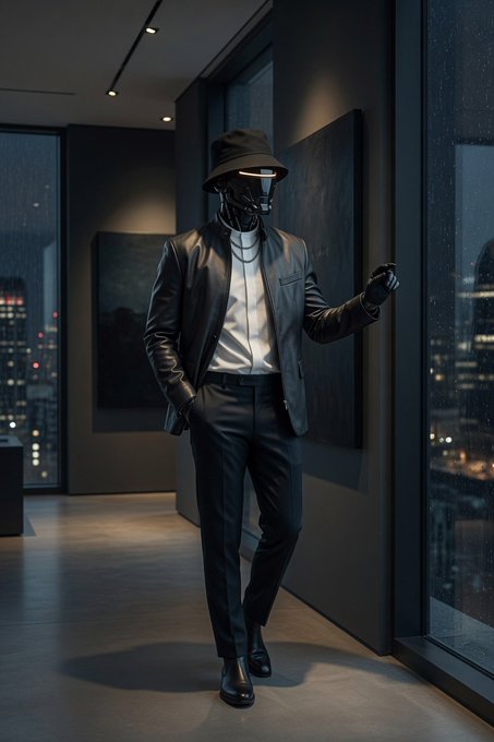 The image features a man dressed in a suit, standing in front of a window with his hands at his sides. The man appears to be wearing black clothing and has a hat on his head. He seems to be posing for a photo or taking a break from work. The background shows the presence of several paintings hanging on the wall behind him. The image also contains text that reads "GN CT Consistency whispers before success speaks alongside @wallchain and @NomismaNetwork communities." This suggests that the man might be working in an office environment, possibly at a company related to art or design.