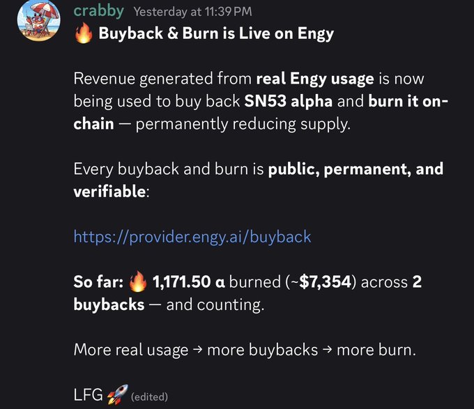 A Discord message from user 'crabby' announces that 'Buyback & Burn is Live on Engy', noting that revenue from real Engy usage is being used to buy back $N53 alpha tokens and burn them on-chain. The post states 'So far: 1,171.50 a burned (~$7,354) across 2 buybacks' and links to https://provider.engy.ai/buyback.