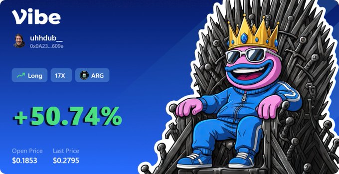 A crypto token page for "Vibe" showing a +50.74% gain, with an open price of $0.1853 and last price of $0.2795, accompanied by an illustration of a pink frog wearing a crown, sunglasses, and blue tracksuit sitting on the Iron Throne.