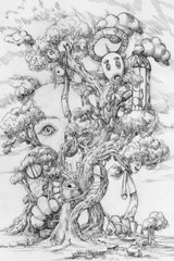 A black and white pencil sketch illustration depicting a large tree filled with whimsical creatures, faces, and characters woven throughout its branches and trunk.