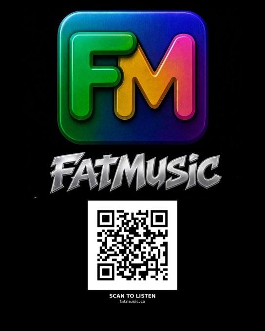 A colorful FM 'FATMusic' logo app icon with a QR code below it labeled 'SCAN TO LISTEN' and the website 'fatmusic.ca'.