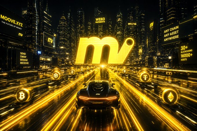 A black sports car races through a glowing futuristic cityscape toward a massive golden "MV" logo, surrounded by floating Bitcoin and Ethereum coins, with billboards advertising "MOOVE.XYZ - THE FUTURE OF MONEY," "WEB3 PAYMENTS," "ANY CHAIN ANY ASSET ANYWHERE," and "30+ BLOCKCHAINS 16000+ ASSETS."

The image visually reinforces the post's message by depicting the MoveXYZ brand as a high-speed, forward-moving ecosystem where traditional crypto assets (BTC, ETH) merge with a sleek, identity-driven Web3 experience—mirroring the post's theme of expanding beyond a fitness app into a broader onchain network of rewards and community.