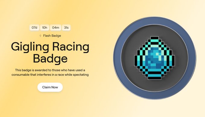 A 'Gigling Racing Badge' notification page showing remaining time of 07d 10h 04m 31s, awarded for using a consumable that interferes in a race while spectating, with a 'Claim Now' button next to a pixelated blue gem icon.