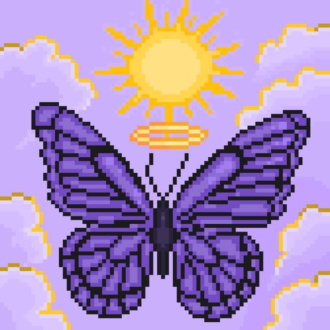 A pixel art image of a purple butterfly beneath a yellow sun with clouds against a lavender sky.