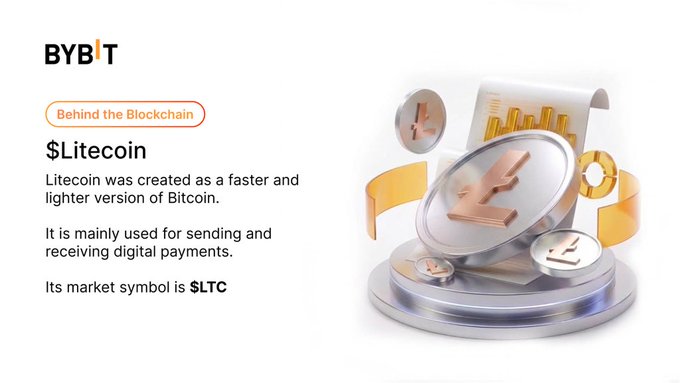 A Bybit infographic titled 'Behind the Blockchain' describes Litecoin ($LTC) as a faster, lighter version of Bitcoin used for digital payments, accompanied by 3D renderings of LTC coins.