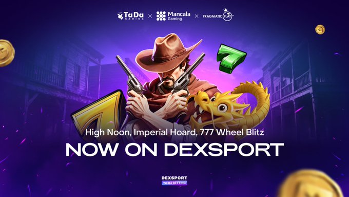 A Dexsport promotional banner featuring TaDa Gaming x Mancala Gaming x Pragmatic Play, advertising 'High Noon, Imperial Hoard, 777 Wheel Blitz' now available on Dexsport.