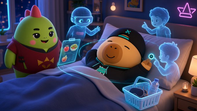 A green mascot character and three holographic blue figures surround a sleeping humanoid figure in bed, with floating interfaces showing food tracking and a basket of items nearby. The image illustrates the social media post's concept of "@sleepagotchi" — visualizing how multiple AI "agents" actively engage with a sleeper's recovery, rather than passively collecting data, aligning with the caption's emphasis on sleep coaches that "do the work" instead of just logging numbers.