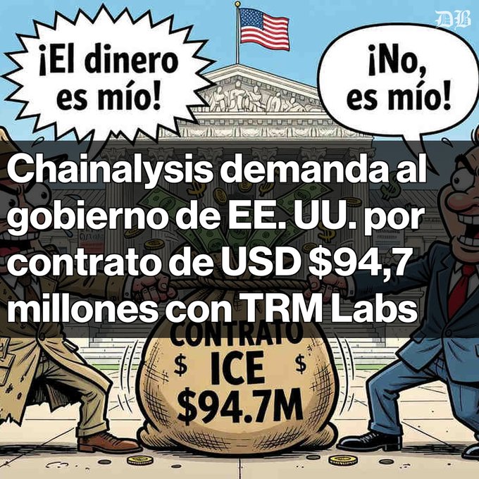 A satirical illustration shows two figures in a tug-of-war over a money bag labeled 'CONTRATO ICE $94.7M' in front of the U.S. Capitol, with speech bubbles reading '¡El dinero es mío!' and '¡No, es mío!'; overlaid text states 'Chainalysis demanda al gobierno de EE. UU. por contrato de USD $94,7 millones con TRM Labs' with a 'DB' watermark.