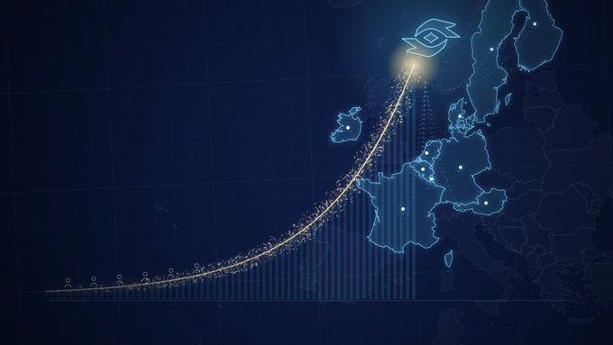 A dark-themed data visualization map of Europe and surrounding regions featuring a glowing trajectory line and an eye icon at the top, suggesting an analytics or intelligence platform.