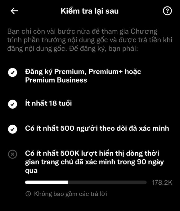 A Vietnamese-language Spotify 'Check back later' screen showing requirements to join the original content creator rewards program: Premium subscription, age 18+, 500 verified followers (✓), plus 500K verified monthly streams in 90 days (currently at 178.2K).