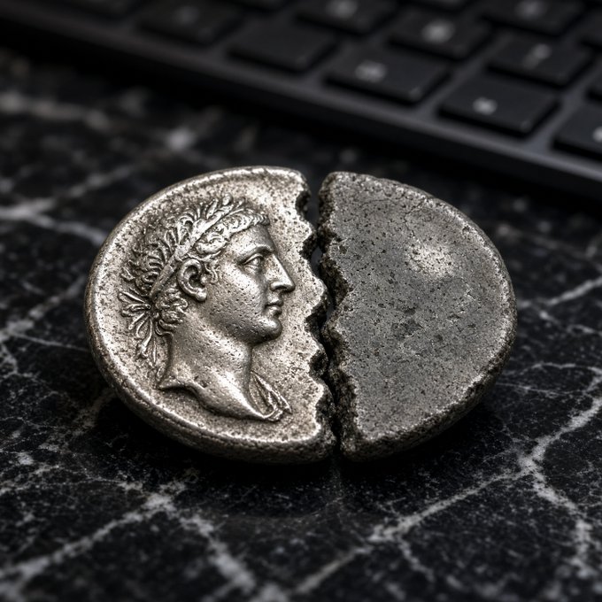 A cracked silver coin featuring a Roman emperor profile, resting on a black marble surface with a keyboard in the background.