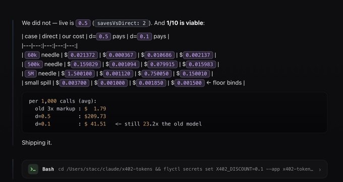 A code snippet and terminal output showing performance metrics for different model sizes, including a bash command 'flyctl secrets set X402_DISCOUNT=0.1' and average cost comparisons.