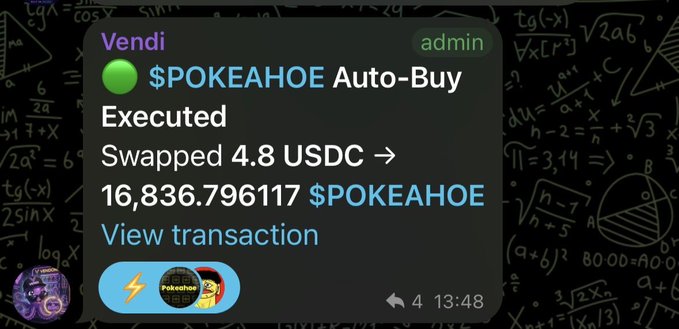 A Telegram bot notification from 'Vendí' admin showing an auto-buy executed transaction: swapped 4.8 USDC for 16,836.796117 $POKEAHOE tokens.