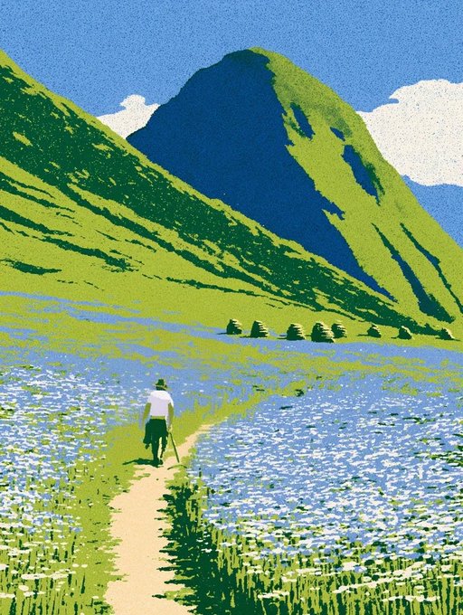 A digital illustration depicts a person walking on a dirt path through a field of white and blue flowers, with a large green mountain rising in the background under a blue sky.
