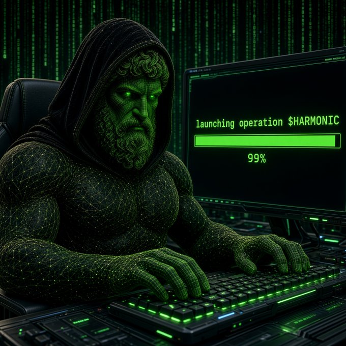 A digital artwork shows a hooded, muscular figure with glowing green eyes typing on a keyboard; a computer monitor displays 'launching operation $HARMONIC' with a progress bar at '99%'.