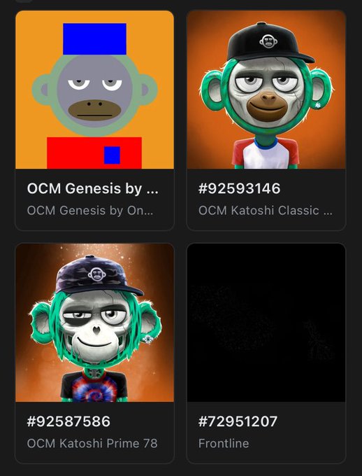 A screenshot of a digital NFT collection displaying four cartoon monkey avatars with names like 'OCM Genesis', '#92593146', '#92587586', and 'Frontline' beneath them.