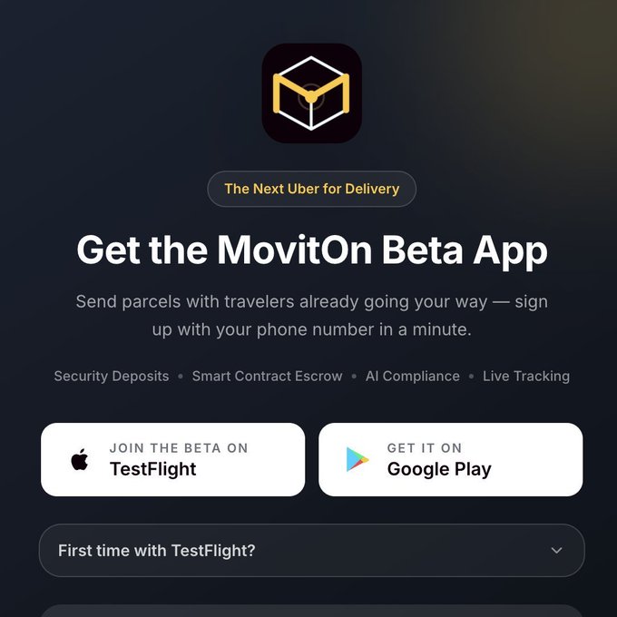 An app download page for 'MovitOn Beta' featuring the tagline 'The Next Uber for Delivery' with links to TestFlight and Google Play.