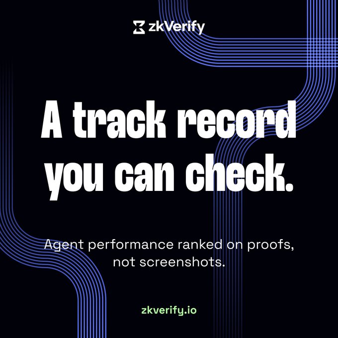 A promotional graphic for zkVerify featuring the headline "A track record you can check." with the subtitle "Agent performance ranked on proofs, not screenshots." and the URL zkverify.io displayed on a dark background with blue linear design elements.

The image ties to the post by visually reinforcing zkVerify's core message of verifiable, tamper-proof agent performance tracking through zero-knowledge proofs rather than curated screenshots.