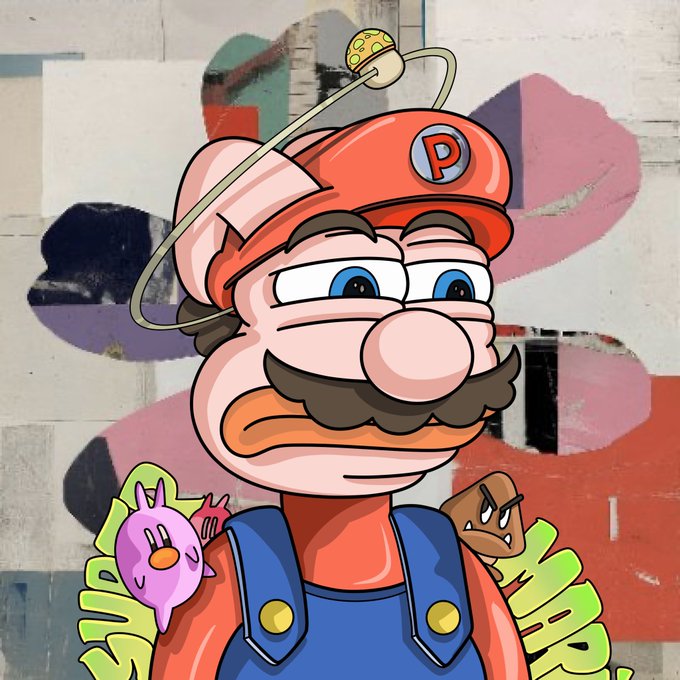 A cartoon Mario with a red "P" cap stands against an abstract, painted background, flanked by small bird-like characters. The post discusses an NFT collection called "Fragrant Growth" by jen_yavyguzov, which features digital flowers made from globally-sourced textures, seemingly unrelated to the Mario imagery shown.