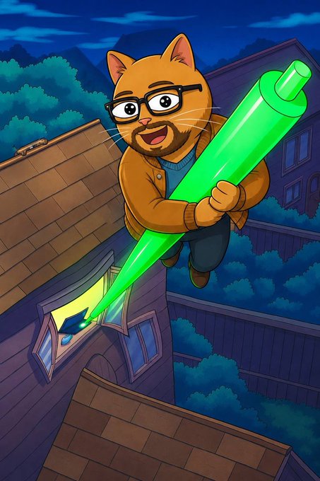 A cartoon orange cat wearing glasses and a cardigan grips a giant green crayon, leaping above a suburban rooftop while peering into an illuminated window. The image playfully illustrates the post's joke about "Sui's $SUICAT," using the oversized crayon as a whimsical visual metaphor for the meme token being highlighted.
