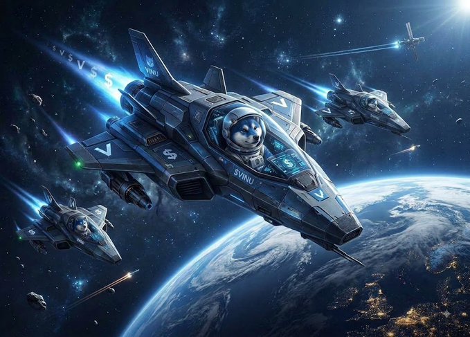 A digital illustration of futuristic spaceships marked 'SVNU' flying through space above Earth, featuring pilots in cockpits and a starry backdrop with projectiles streaking across the scene.