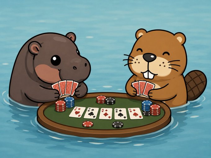 A cartoon illustration depicts a hippo and a beaver playing poker at a floating poker table in water, holding cards with various hands shown.