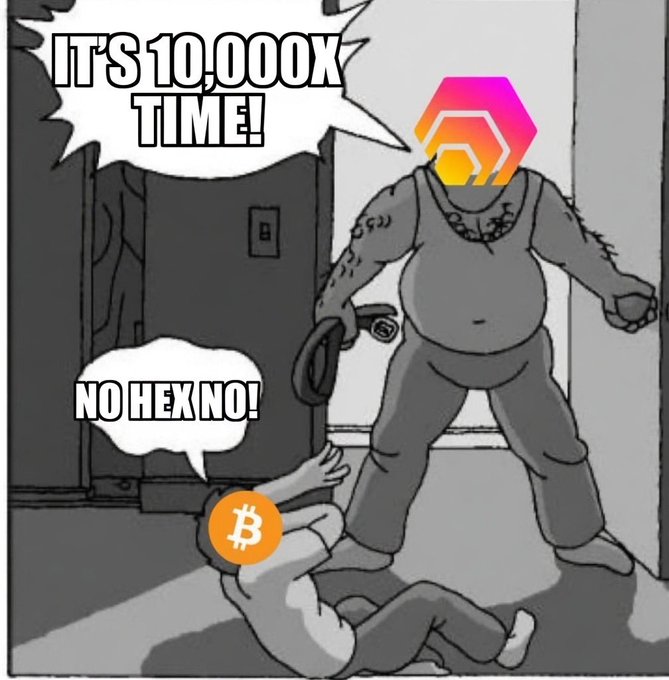 A grayscale meme showing a figure with a LINK (Chainlink) logo head holding a leash attached to a smaller Bitcoin-logo figure on the floor, with speech bubbles reading 'IT'S 10,000X TIME!' and 'NO HEX NO!'.